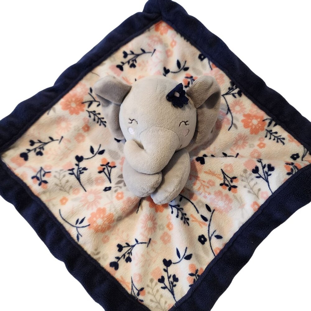 Lullaby Lane Elephant Security Blanket Plush Lovey Floral Print Navy & Cream